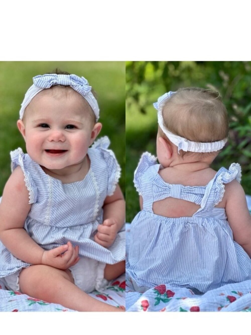 Tahari | 3 Piece Blue & White Seersucker Dress, Bloomers + Bow | Size 6-9 Months